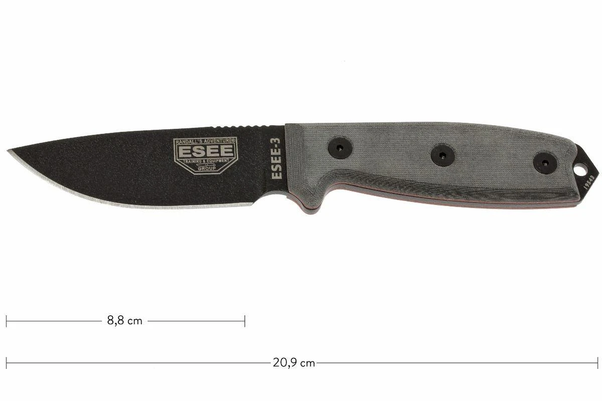 ESEE Model 3 Black Blade, Grey Handle 3P-MB-B Avec étui + Clip Et MOLLE-back 3 ESEE Model 3 Black Blade, Grey Handle 3P-MB-B Avec étui + Clip Et MOLLE-back